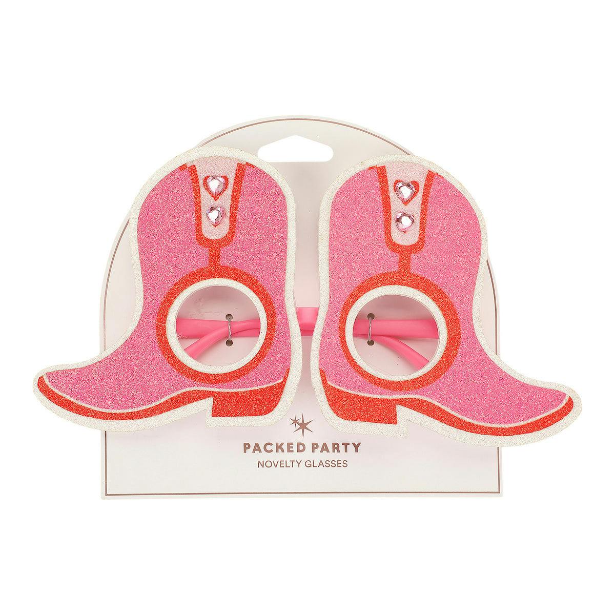 Packed Party Better in Boots Pink Glitter Cowboy Boot Novelty Party Glasses - Glitter Felt Boot Shape with Jewel Heart Details, One Size Fits All