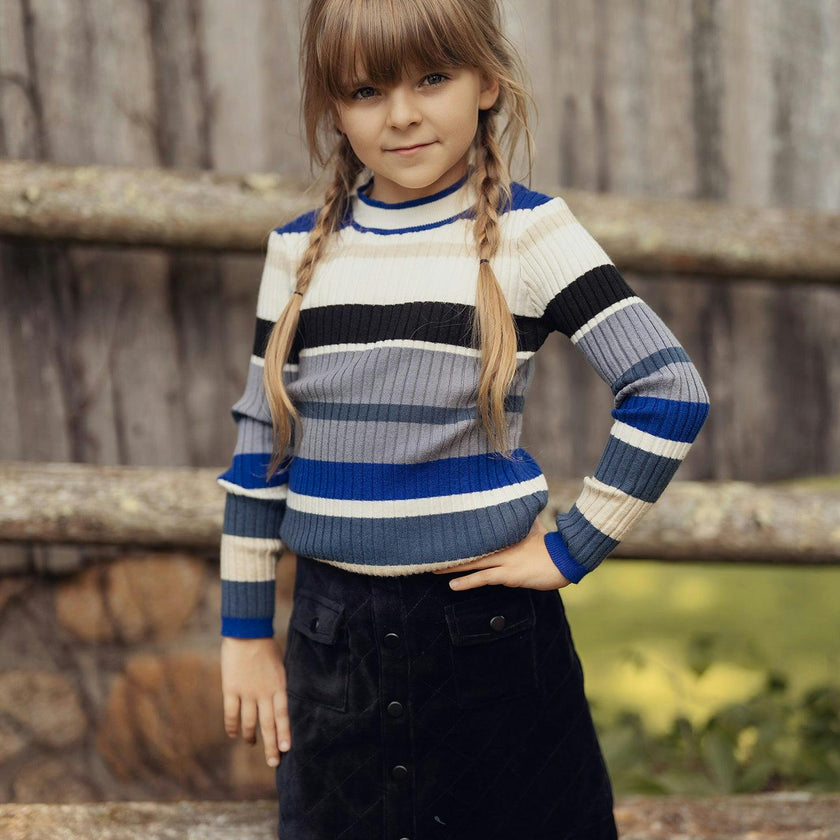 Knit Rib Stripped Top Denim/Almond