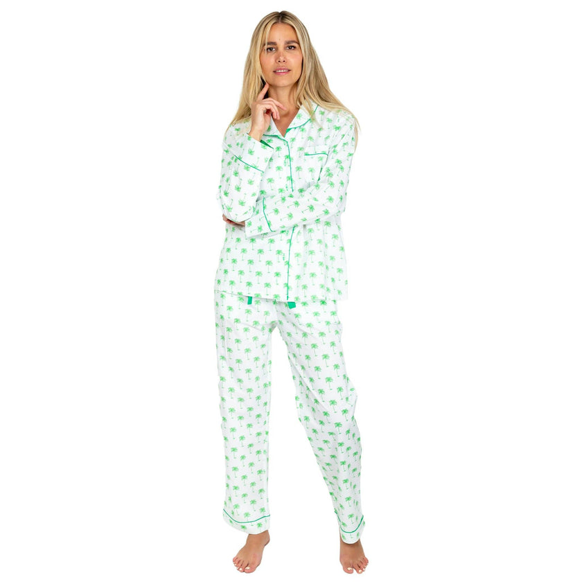 Women's Green Palm Tree Long PJ Set - Organic Cotton Poplin