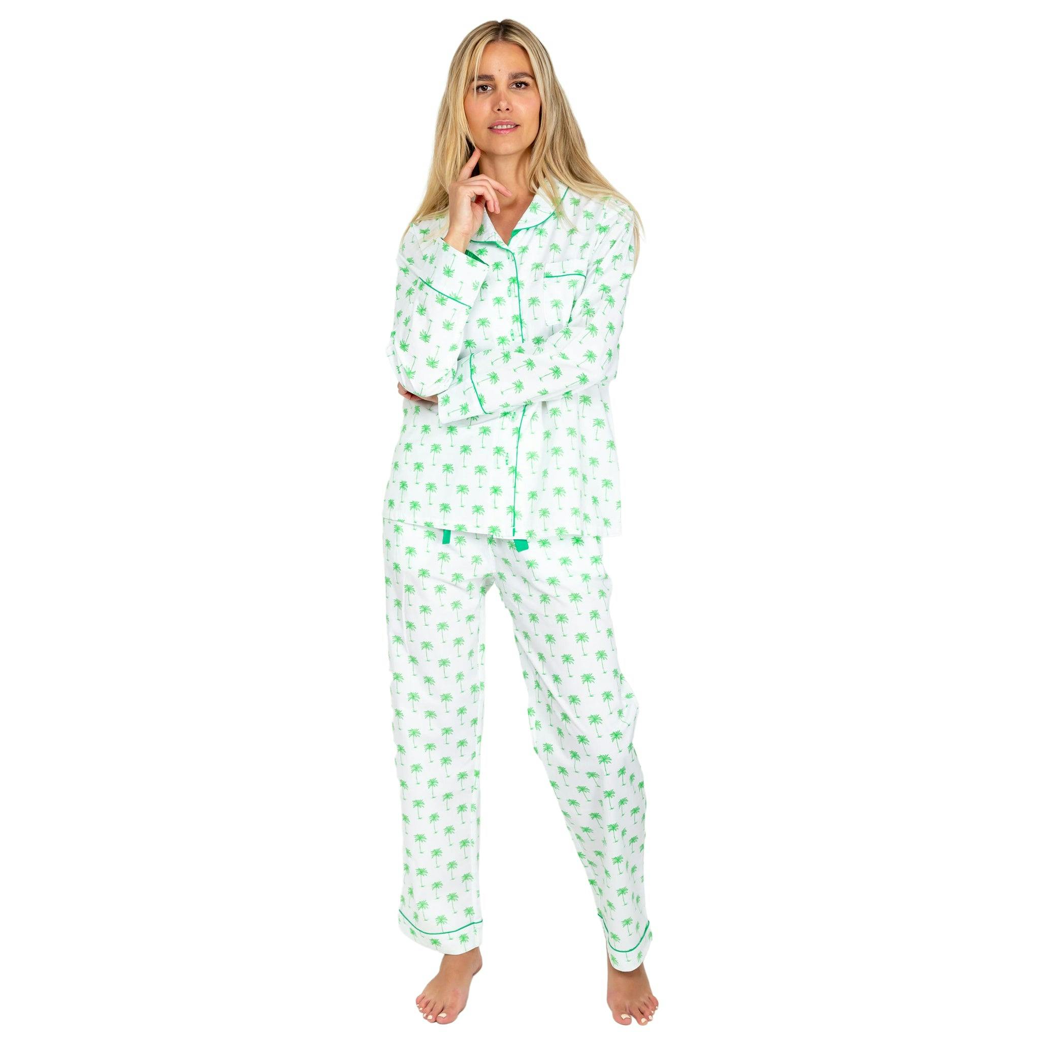 Women's Green Palm Tree Long PJ Set - Organic Cotton Poplin