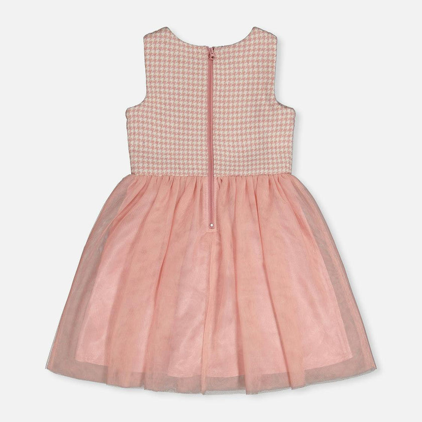Bi-Material Sleeveless Dress Pink Houndstooth