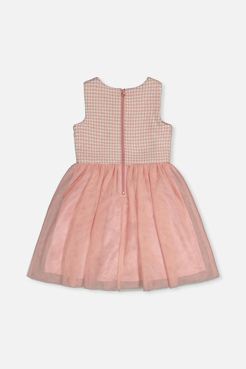 Bi-Material Sleeveless Dress Pink Houndstooth