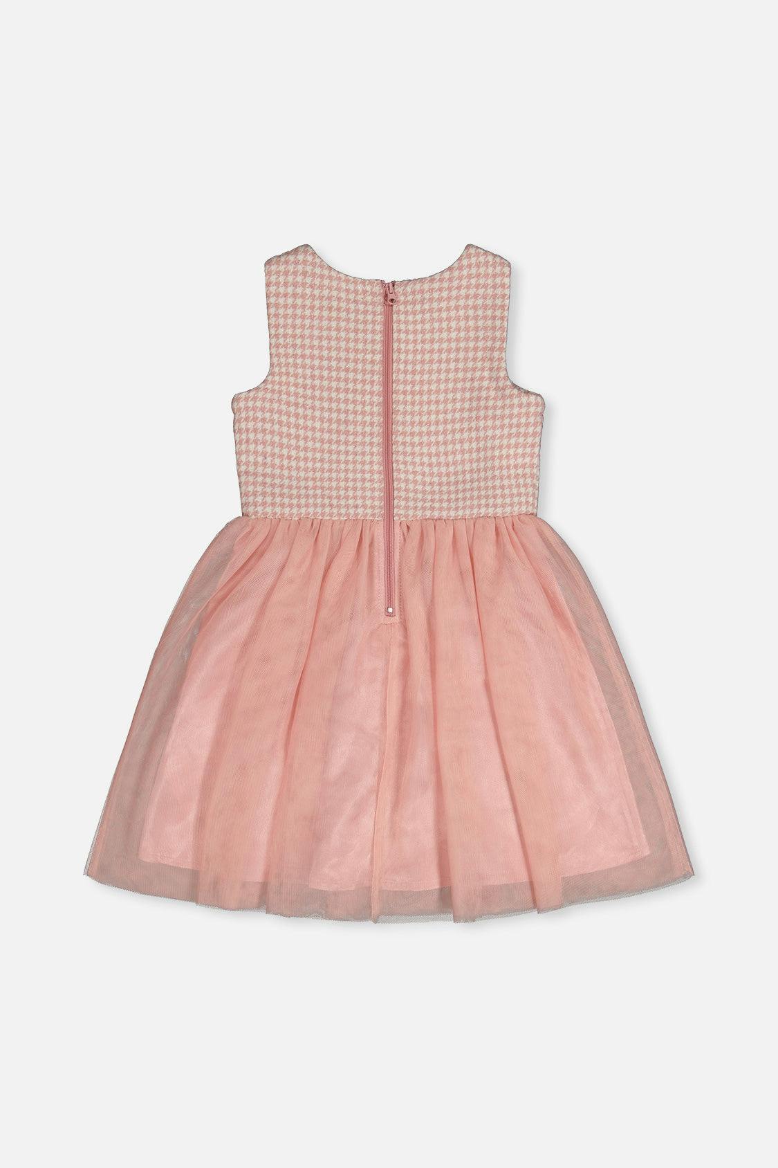 Bi-Material Sleeveless Dress Pink Houndstooth