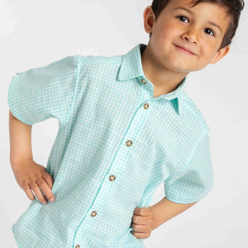 Gingham Linen Look Camp Shirt