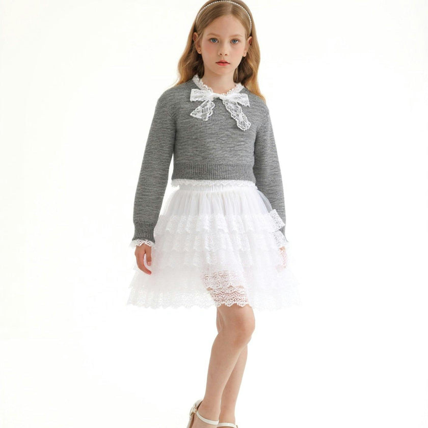 Gray Lace-Bow Top with Tiered Skirt
