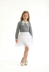 Gray Lace-Bow Top with Tiered Skirt