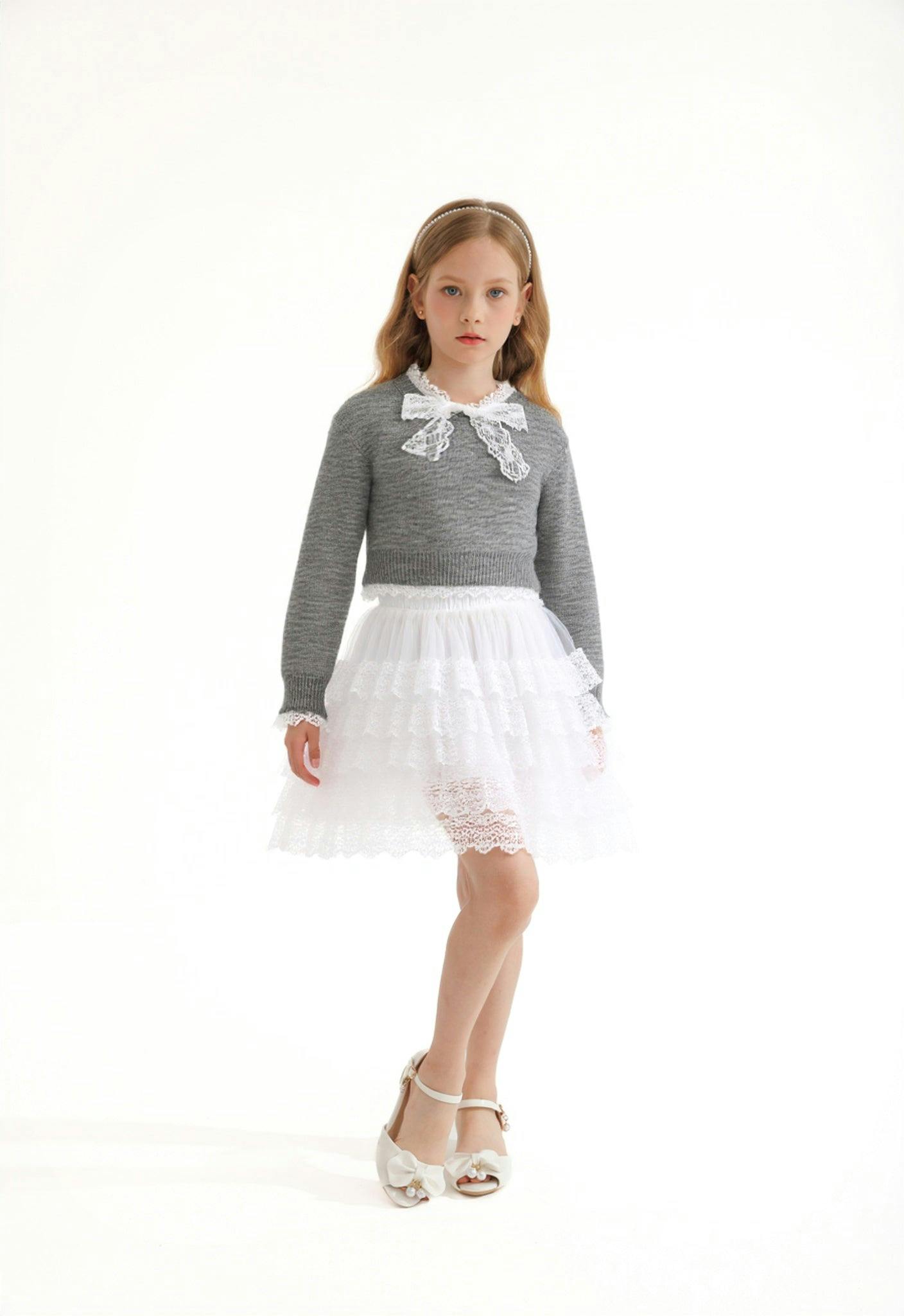 Gray Lace-Bow Top with Tiered Skirt