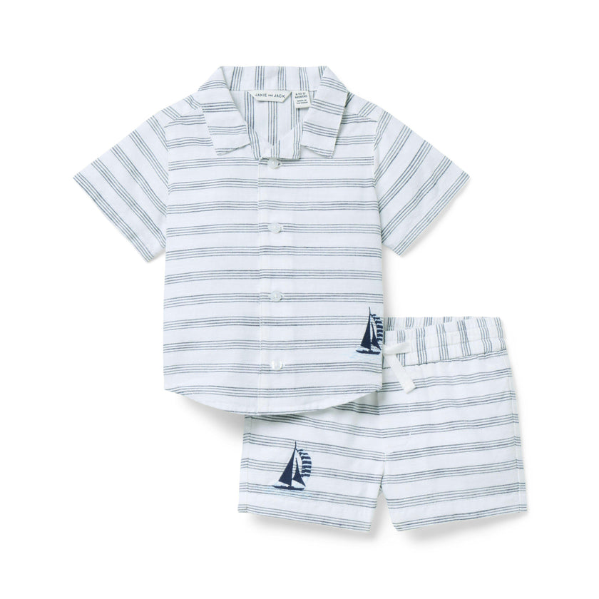 Baby Embroidered Sailboat Striped Matching Set, white