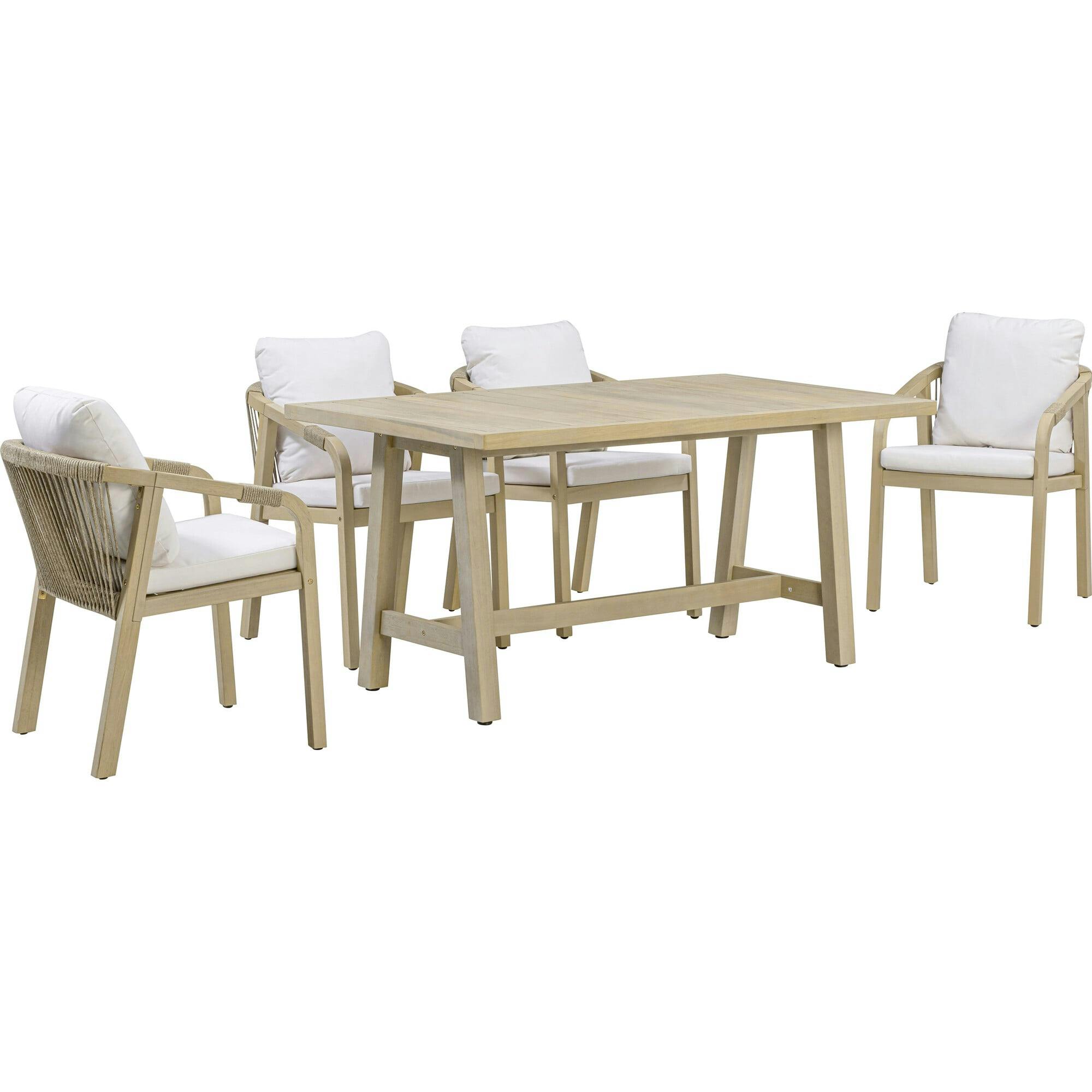 Teamson Home Spacious Table & Seats with Thick Cushions Outdoor Dining Set- Eucalyptus Wood