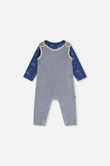 Organic Cotton Onesie With Overalls Set Blue Printed Transportation