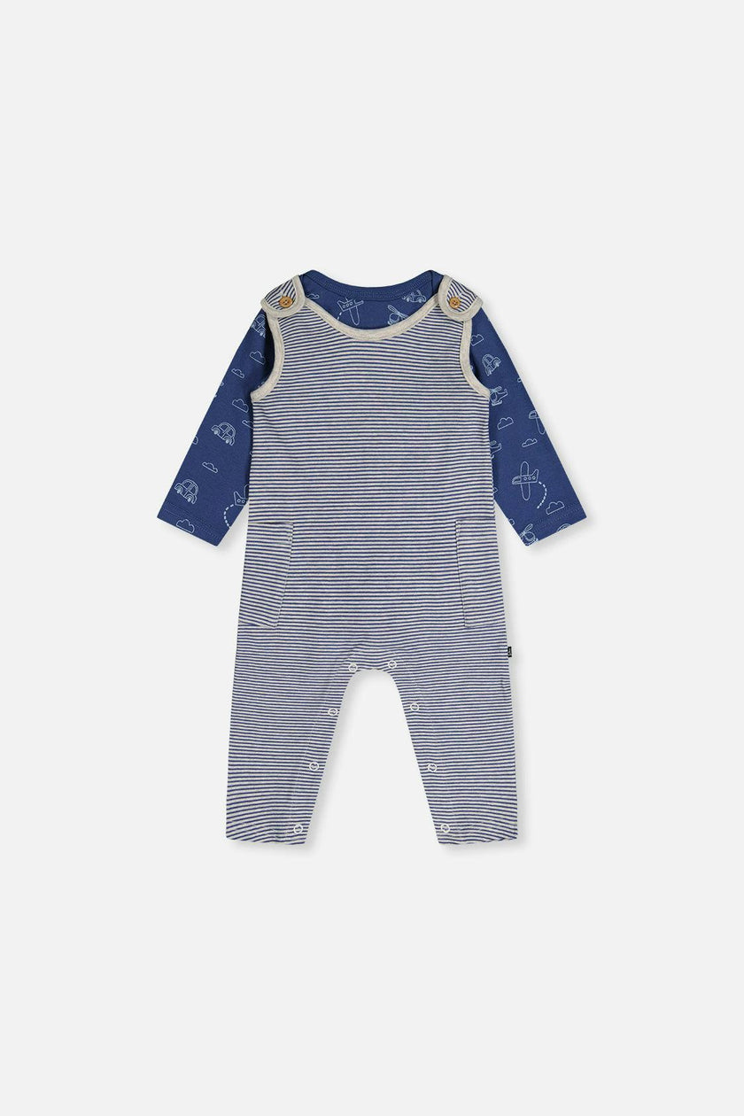Organic Cotton Onesie With Overalls Set Blue Printed Transportation