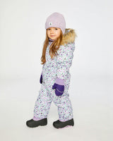 Baby Original One Piece Puffy Snowsuit With Removable Mittens And Boots Purple Printed Mini Flowers