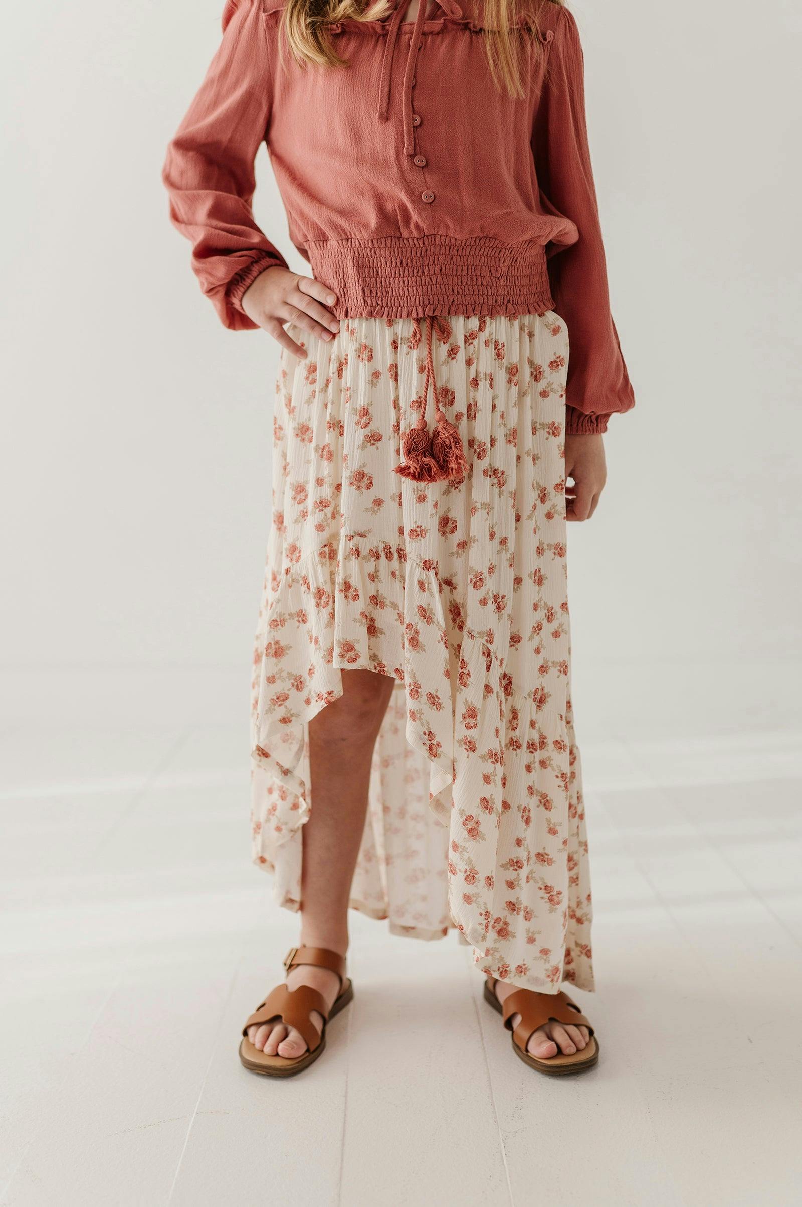 Girls Slit Front Midi Skirt in Rosie Floral