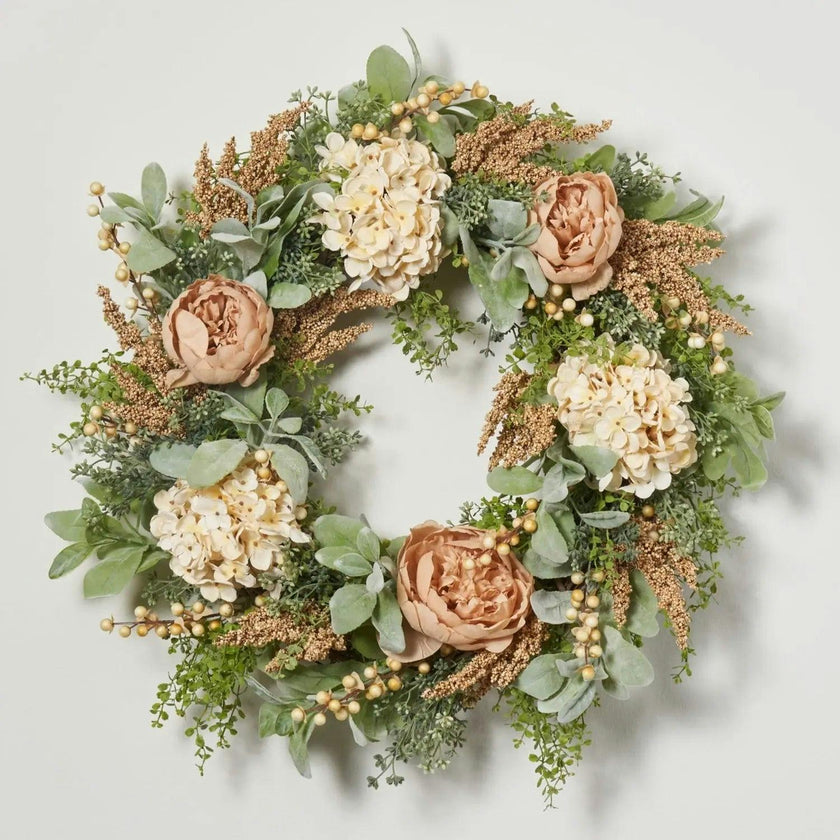 Pistachio Latte Hydrangea and Peony Everyday Front Door Fall Wreath