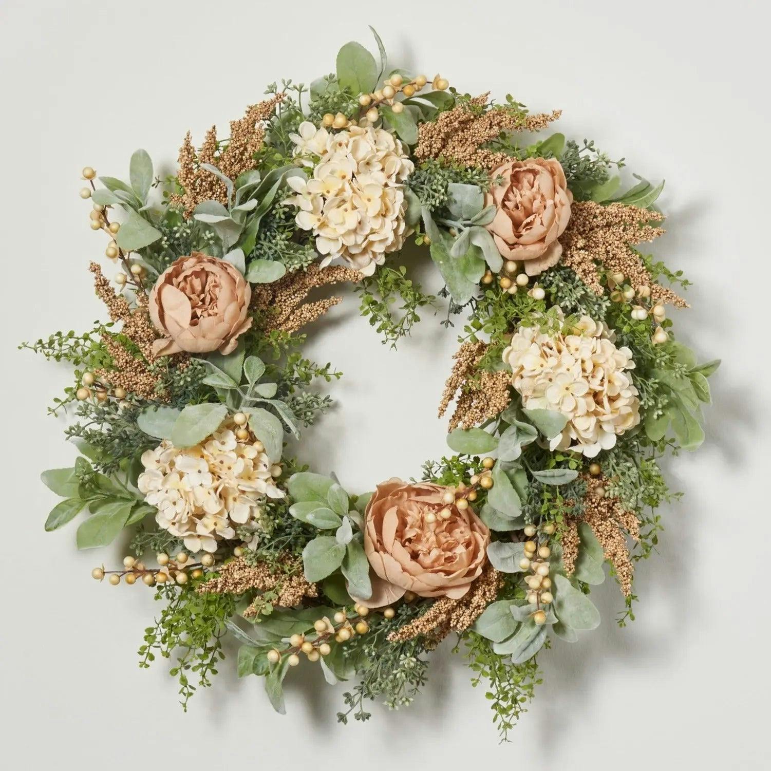 Pistachio Latte Hydrangea and Peony Everyday Front Door Fall Wreath