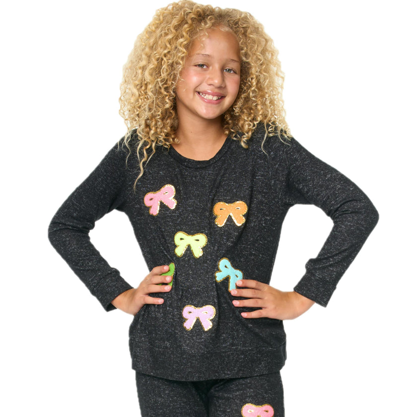 Hacci Sweatshirt with Assorted Color Glitter Chenille Bow Patches