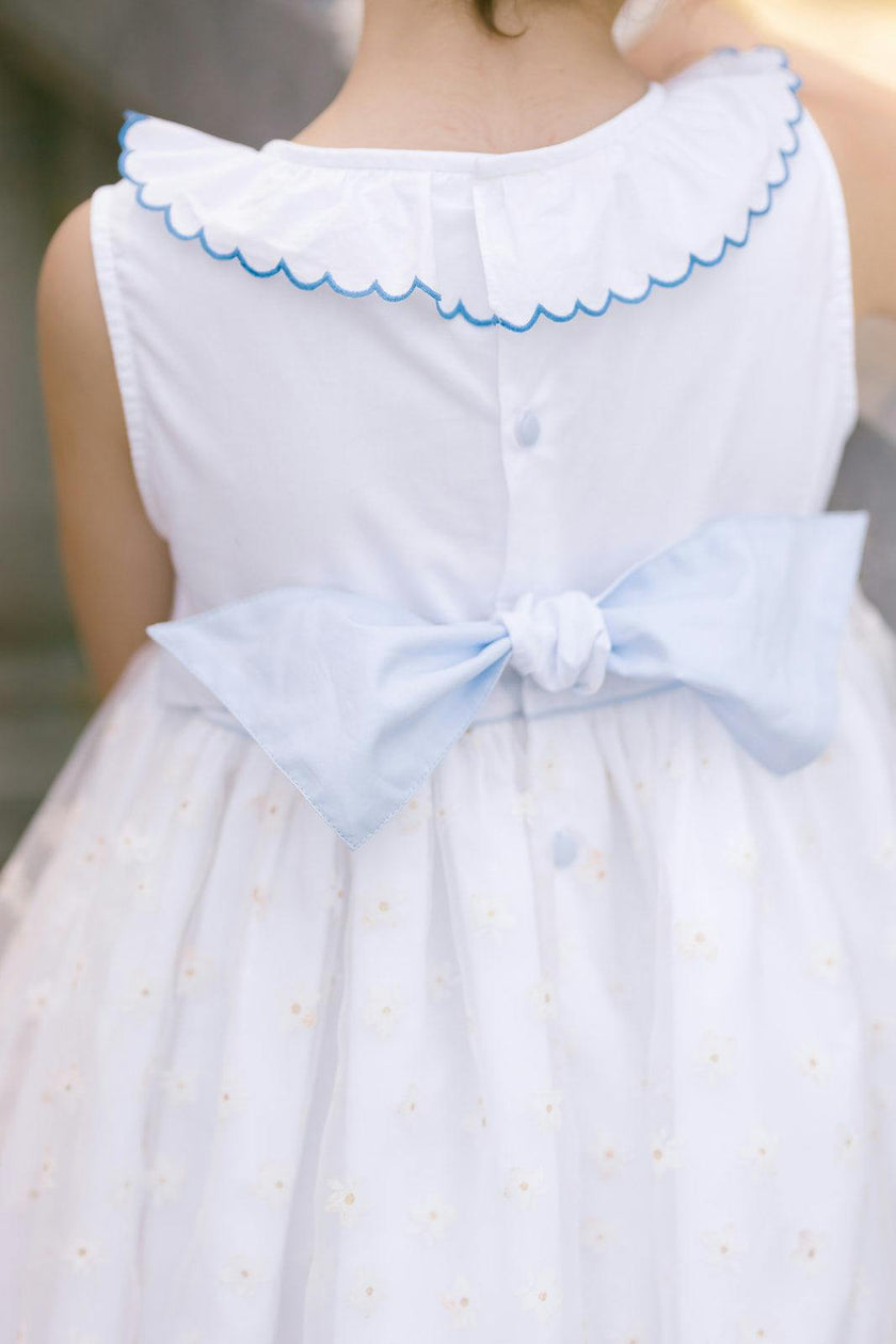 Cordelia White Linen Dress with Blue Tulle Embroidery