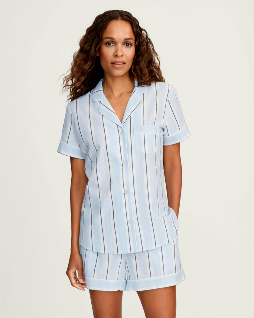 Women's Twill Short Sleeve Short Set in Coastal Stripe