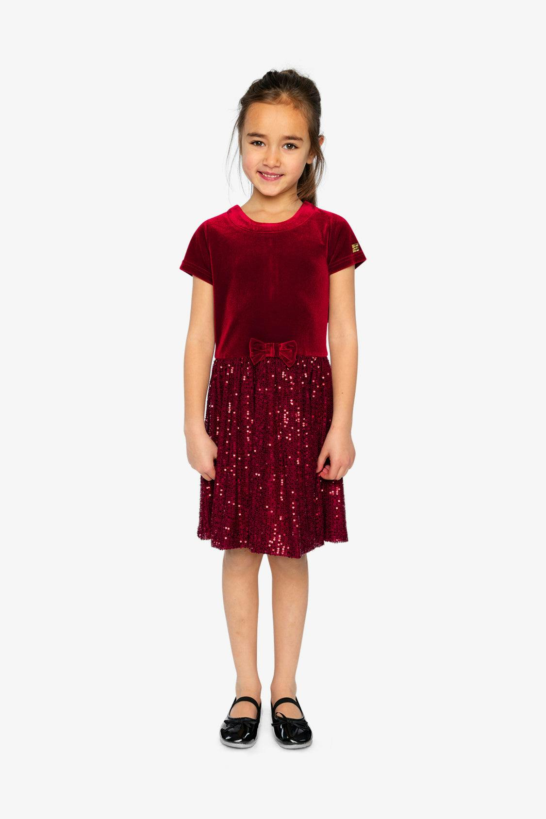 Bi-Material Short Sleeve Dress With Glittering Skirt Red