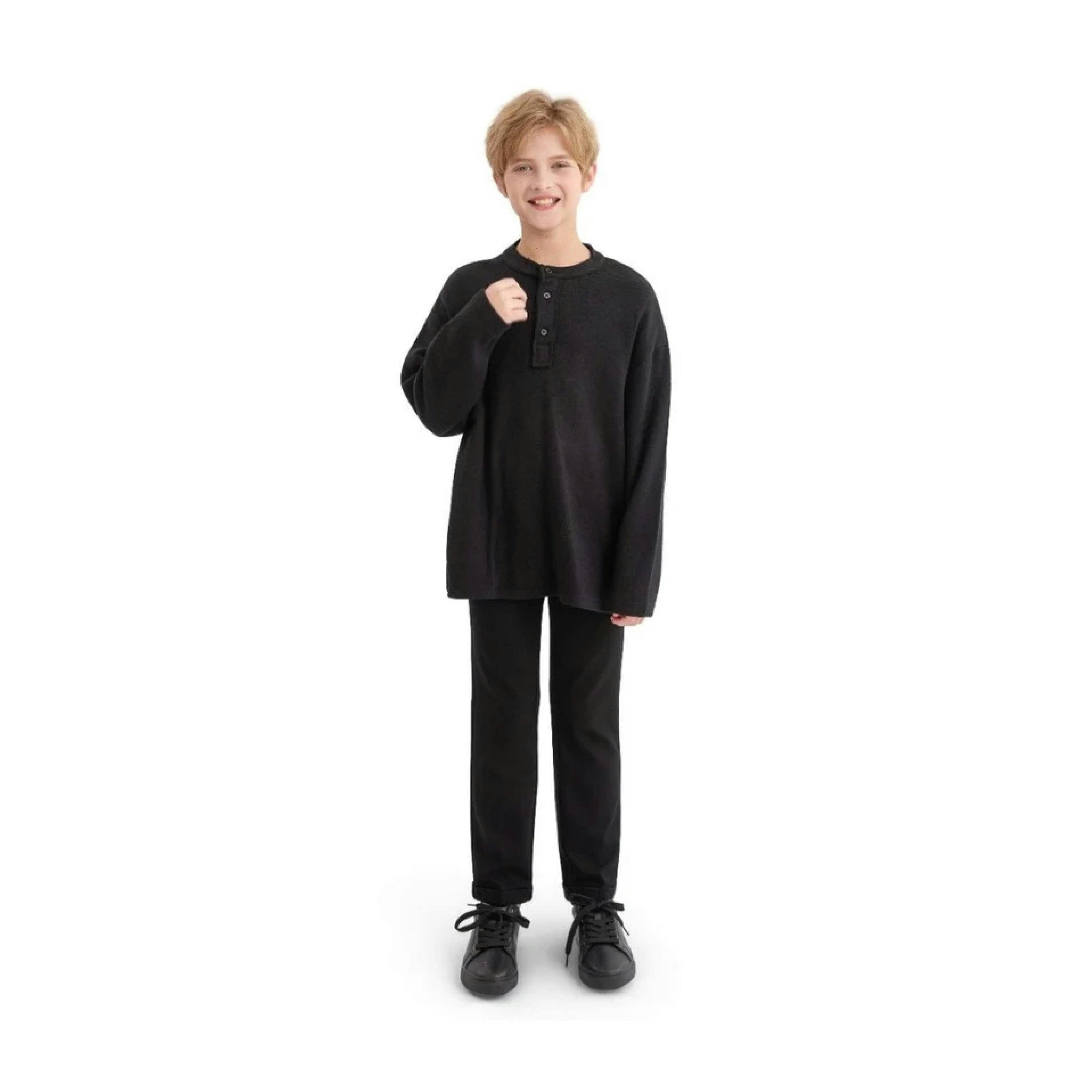 Jet Black Three-Button Henley Top