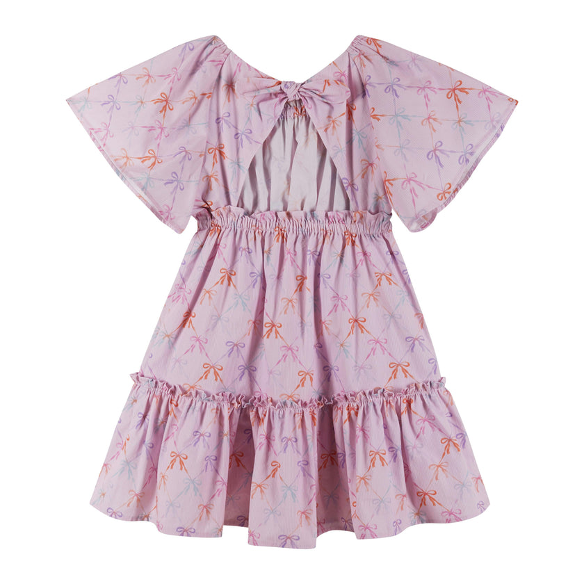 Girls Flutter Sleeve Seersucker Dress | Pink Bow