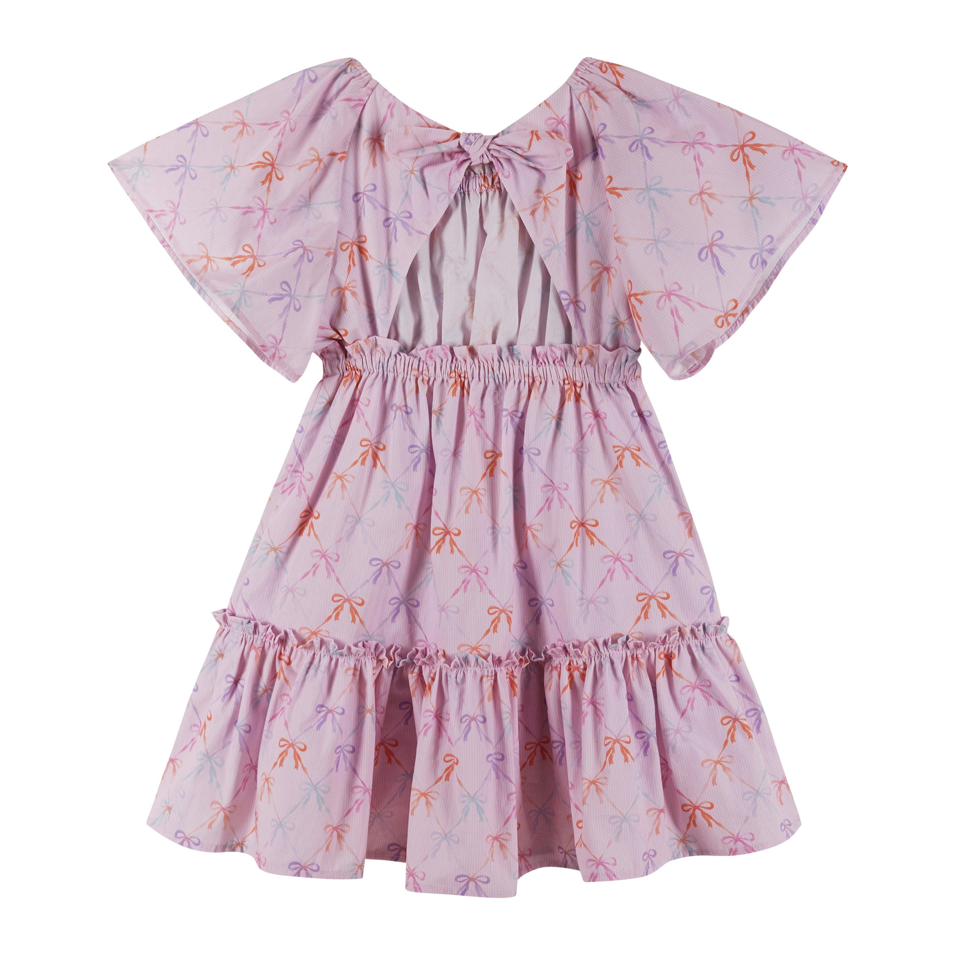 Girls Flutter Sleeve Seersucker Dress | Pink Bow