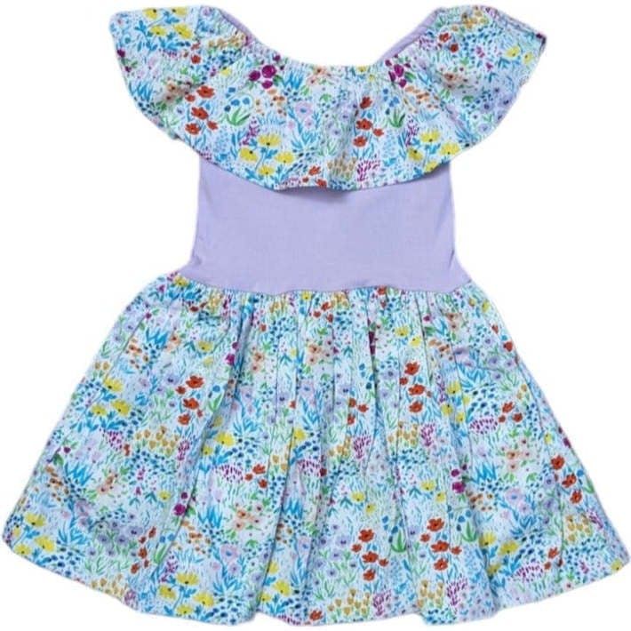 Spring Flowers Mixed Fabric Ruffle Dress
