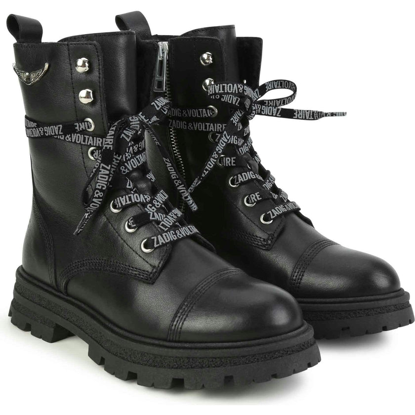 ZADIG & VOLTAIRE Logo-Print Laces Leather Combat Boots