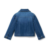 Denim Ruffle Collar Jacket In Medium Wash, dark