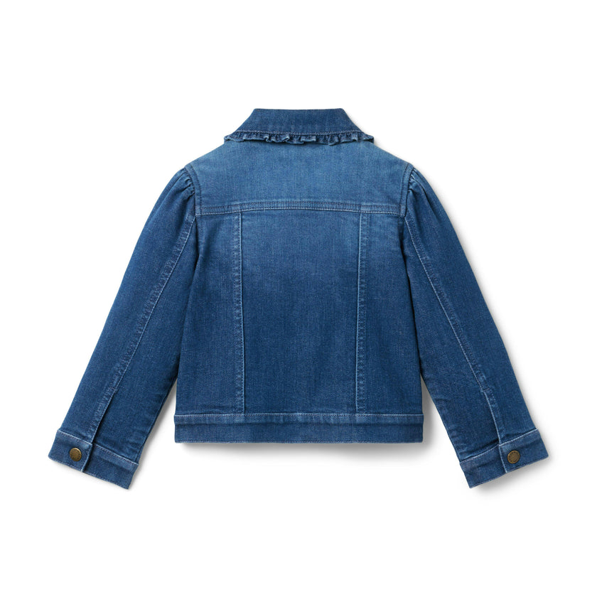 Denim Ruffle Collar Jacket In Medium Wash, dark