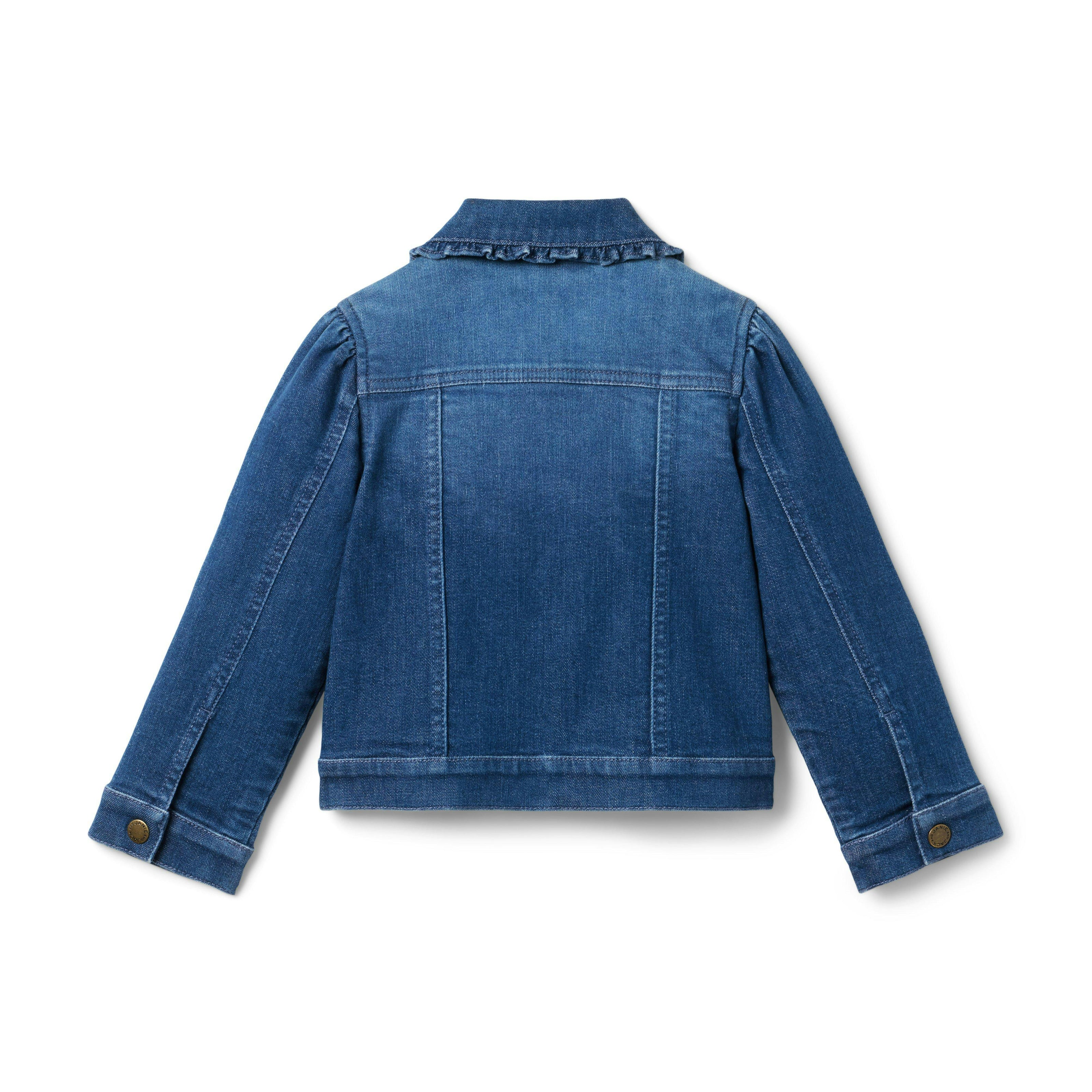 Denim Ruffle Collar Jacket In Medium Wash, dark