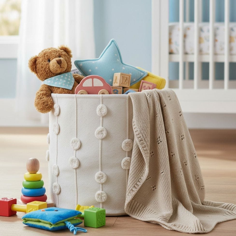 Handmade Canvas Storage Basket Pom Pom