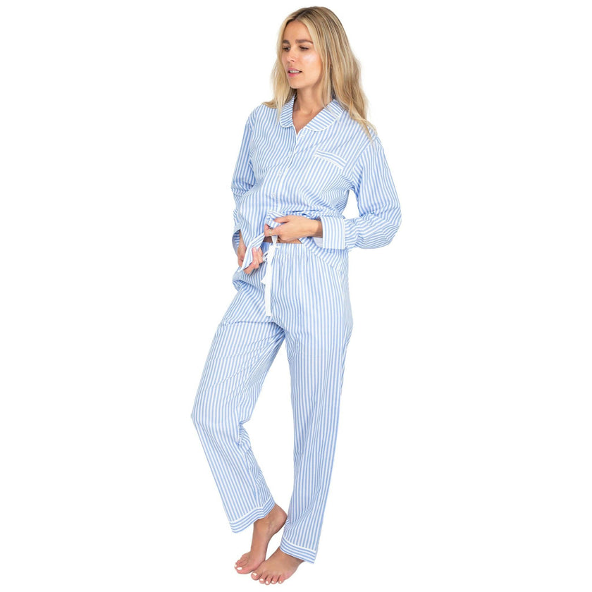 Women's Braddock Classic Long PJ Set - Blue Stripe Organic Cotton Poplin