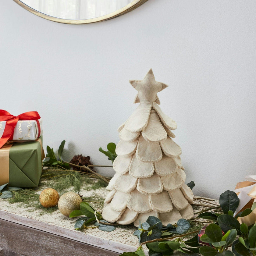 Handmade Cream Tabletop Christmas Tree Hand Felted Wool