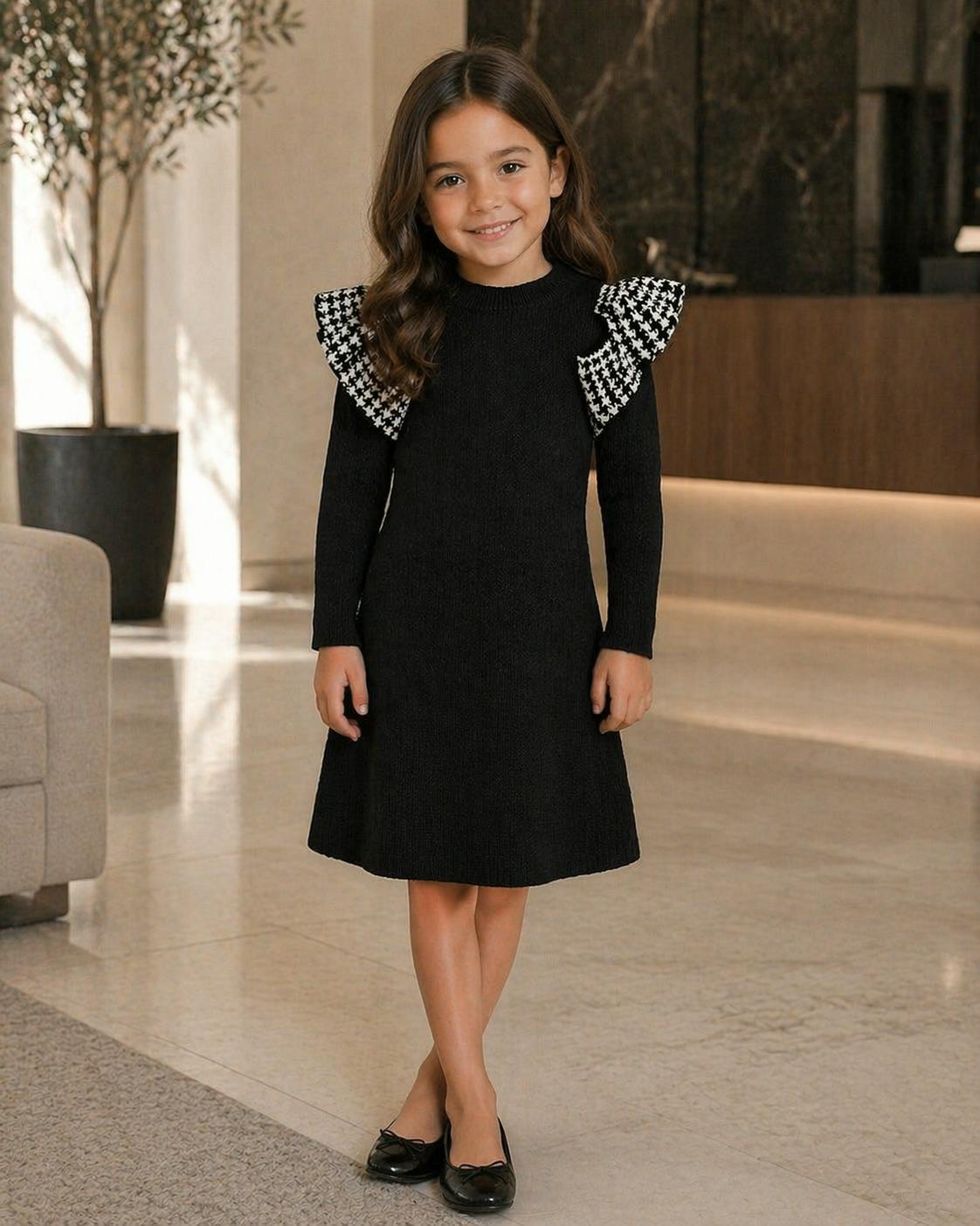 Girls Houndstooth Ruffle Knit Dress