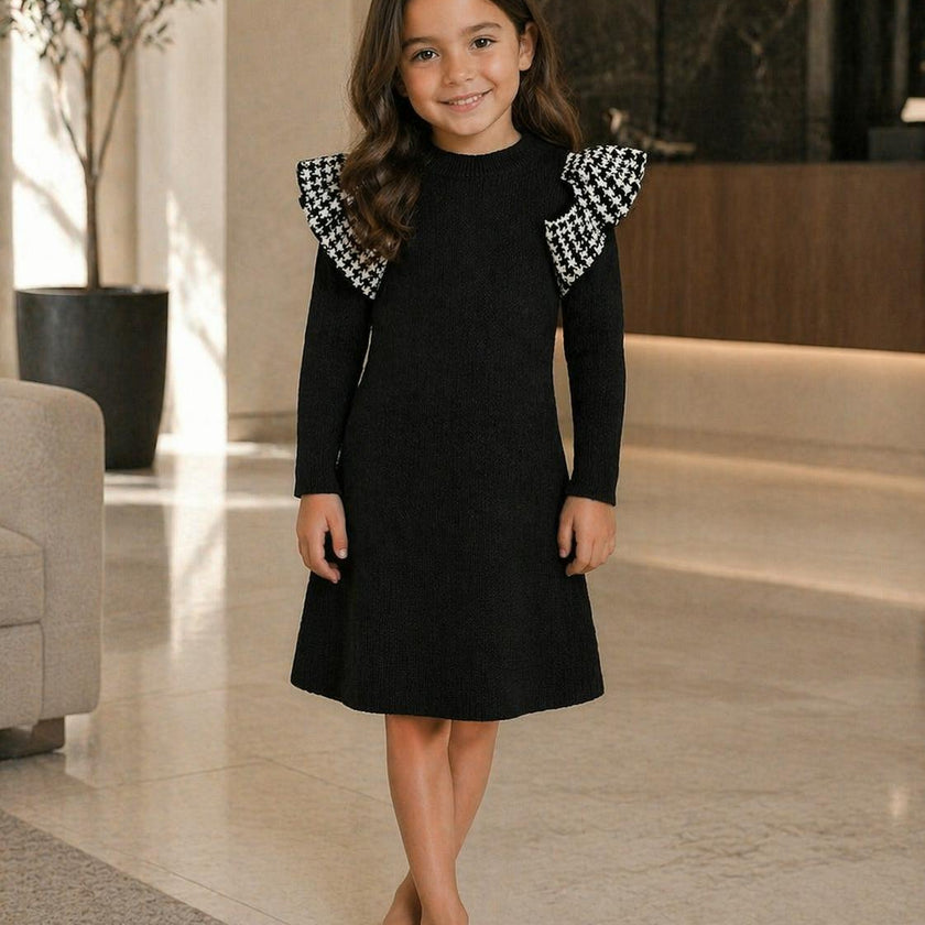 Girls Houndstooth Ruffle Knit Dress