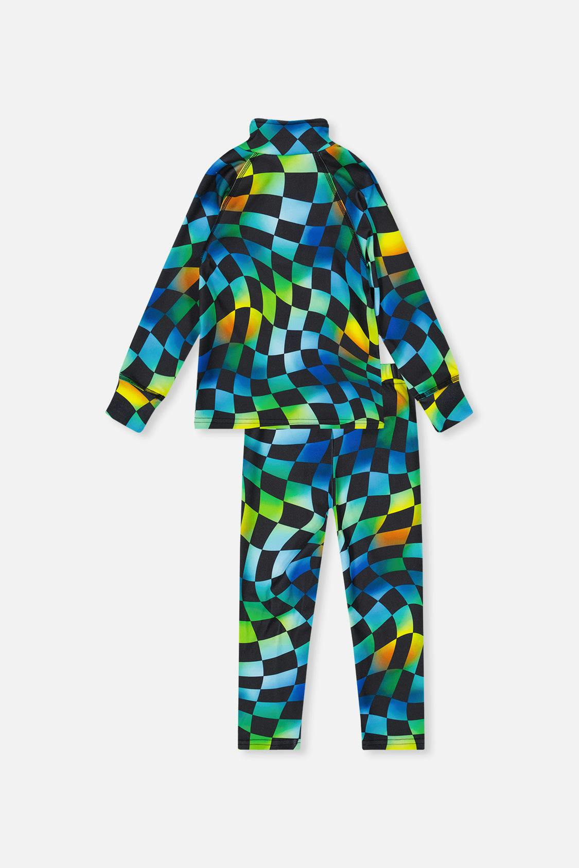 Two Piece Thermal Underwear Blue Checkered Print