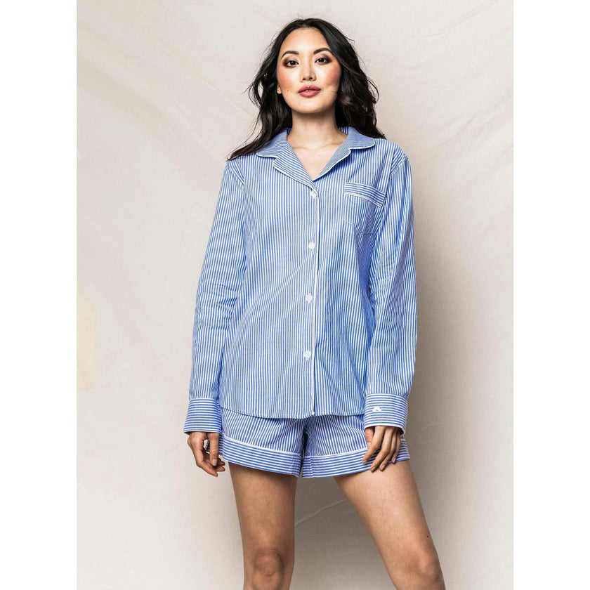 Women's Twill Long Sleeve Short Set in French Blue Heritage Stripe