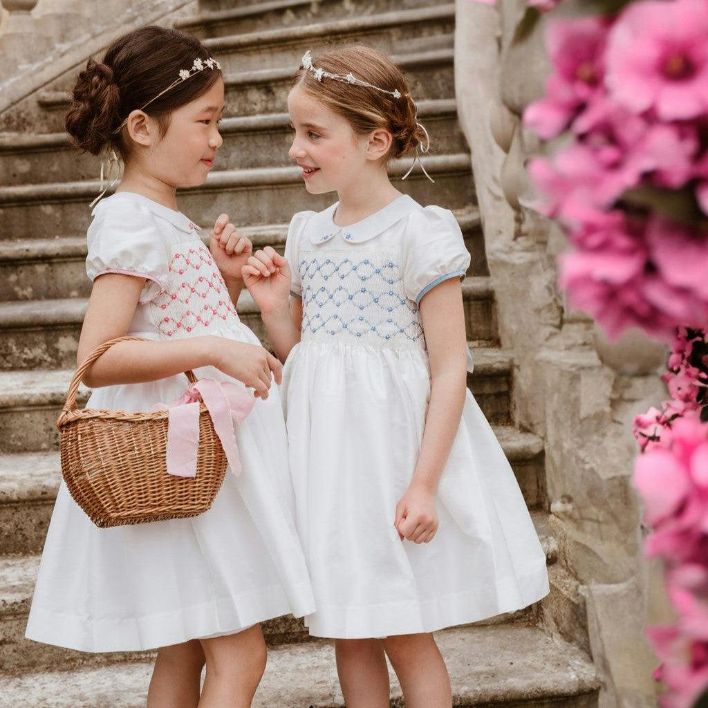 Bagatelle White/Blue Silk Handmade Smocked Dress