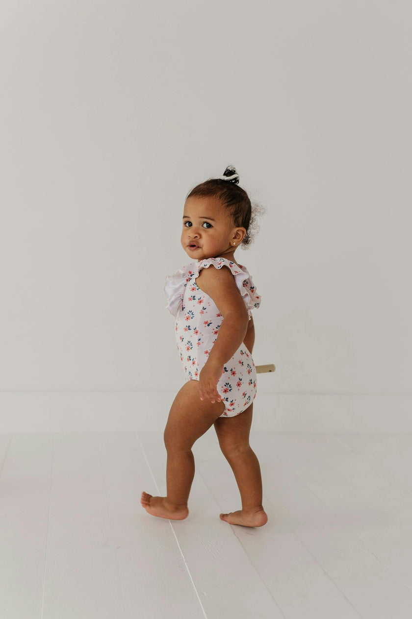 Girl's Ruffle Sleeve Cross Back Swimsuit