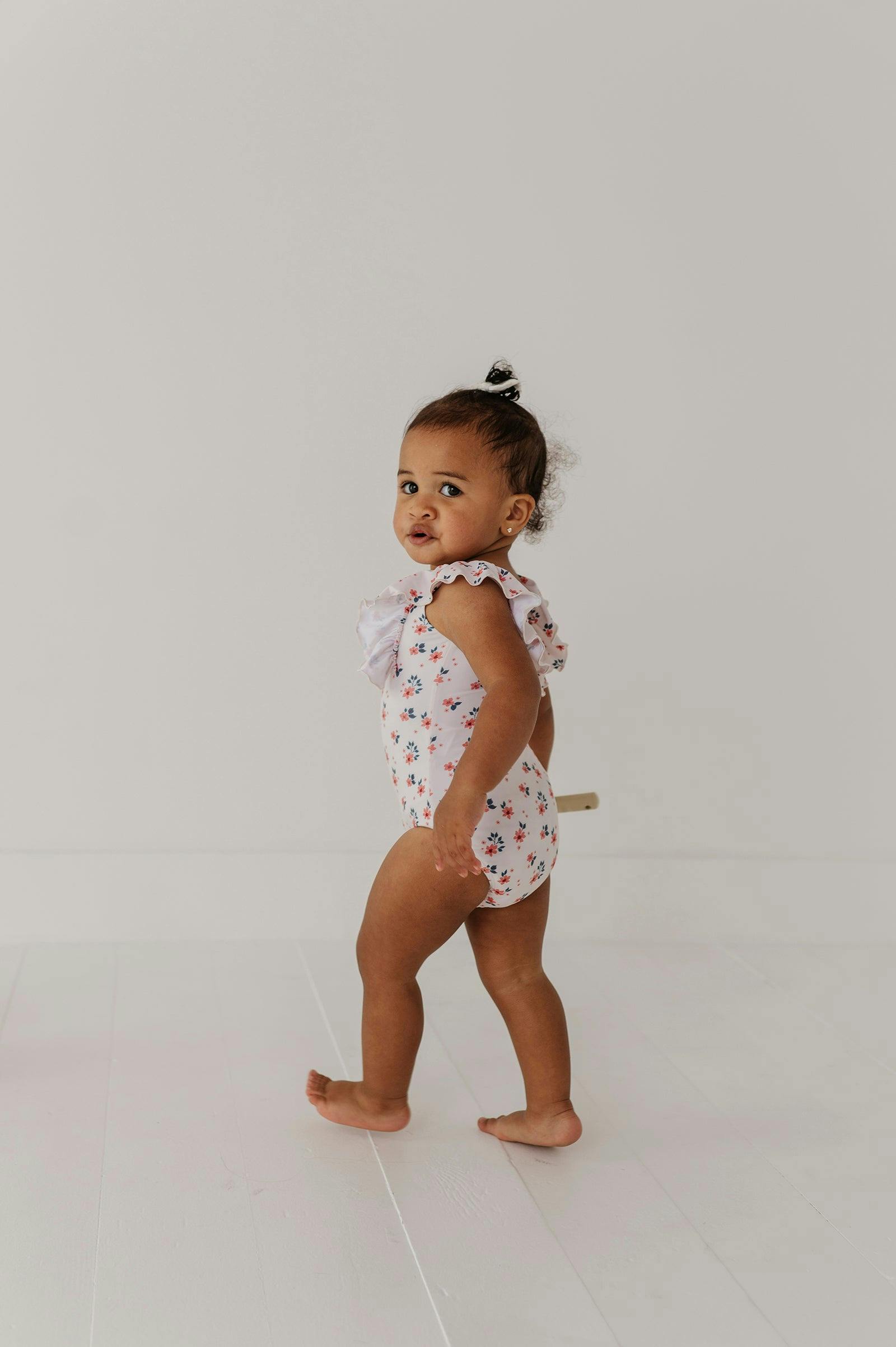 Girl's Ruffle Sleeve Cross Back Swimsuit