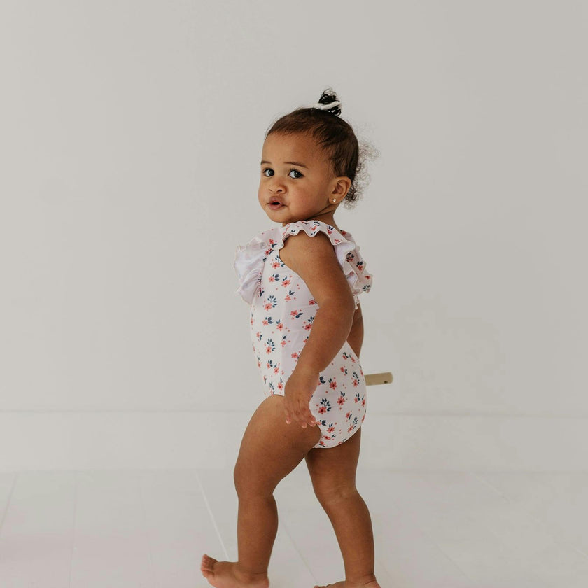 Baby Girl Ruffle Sleeve Cross Back Swimsuit in Zoey Daisy