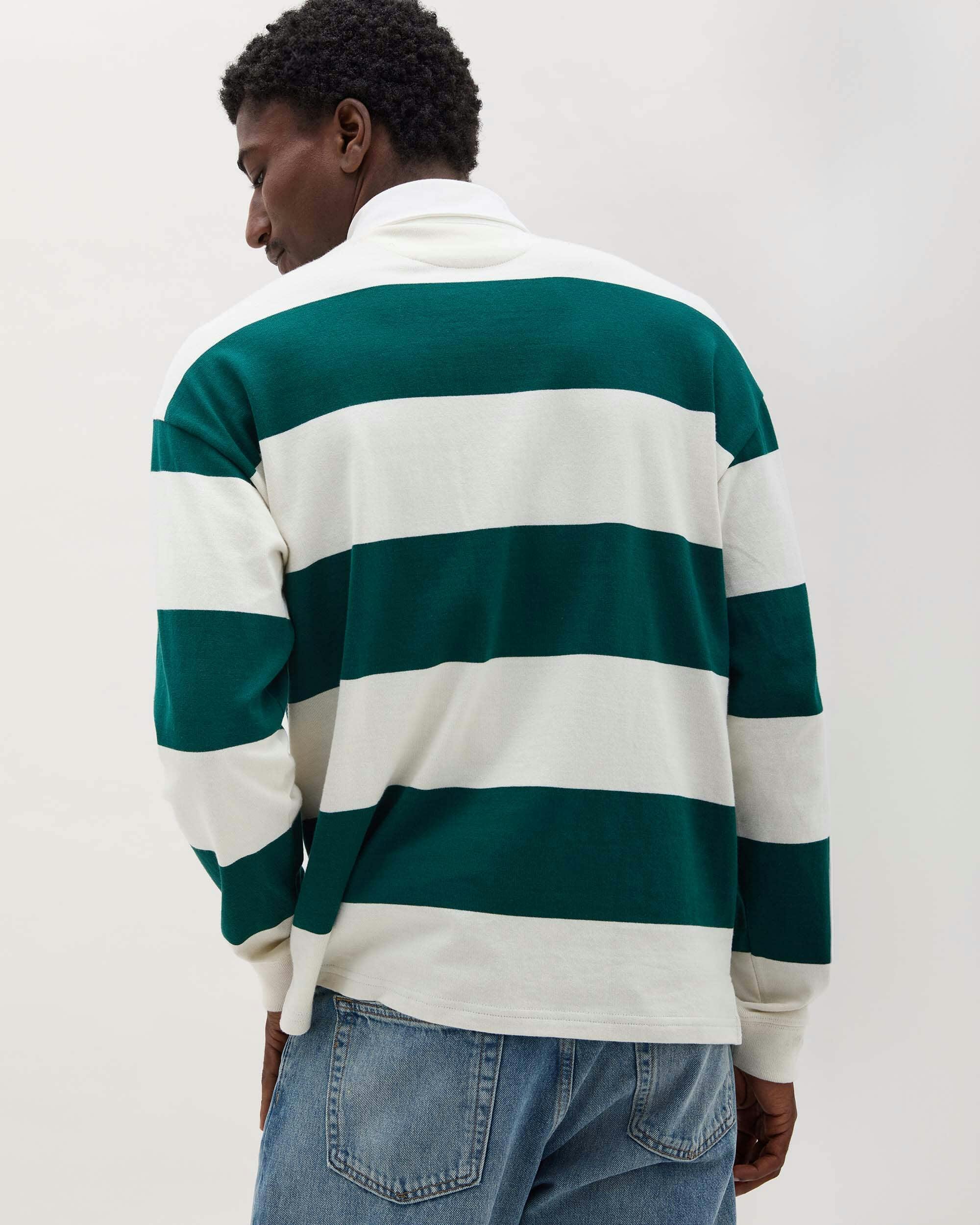 Mens Heavy Pima Rugby Polo - Pima Cotton Jersey - Rainforest Bone Stripe