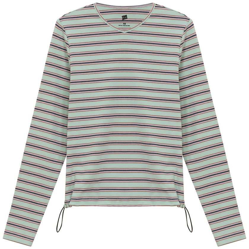 Ribbed Striped V Neck Tee With Bungee Rope