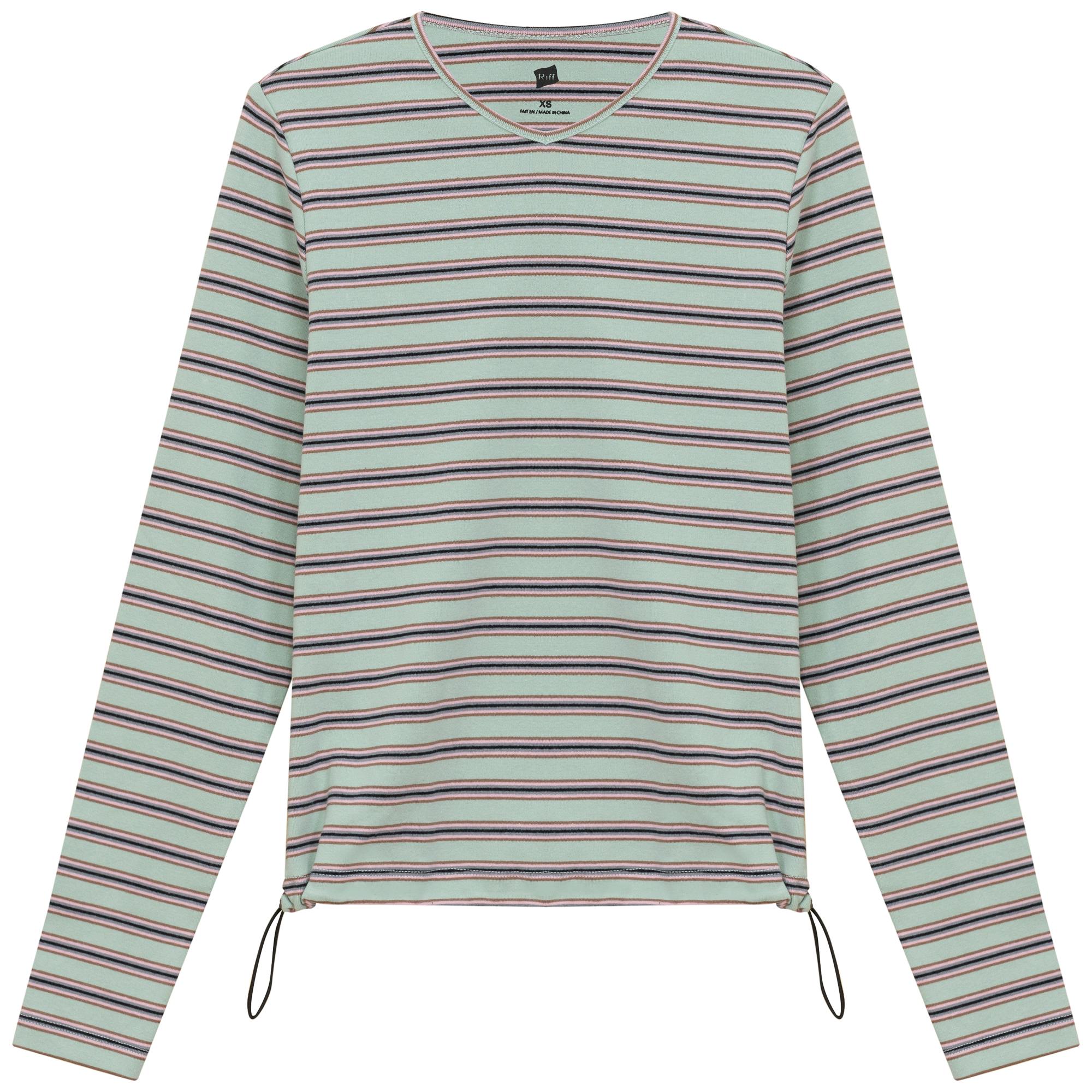Ribbed Striped V Neck Tee With Bungee Rope