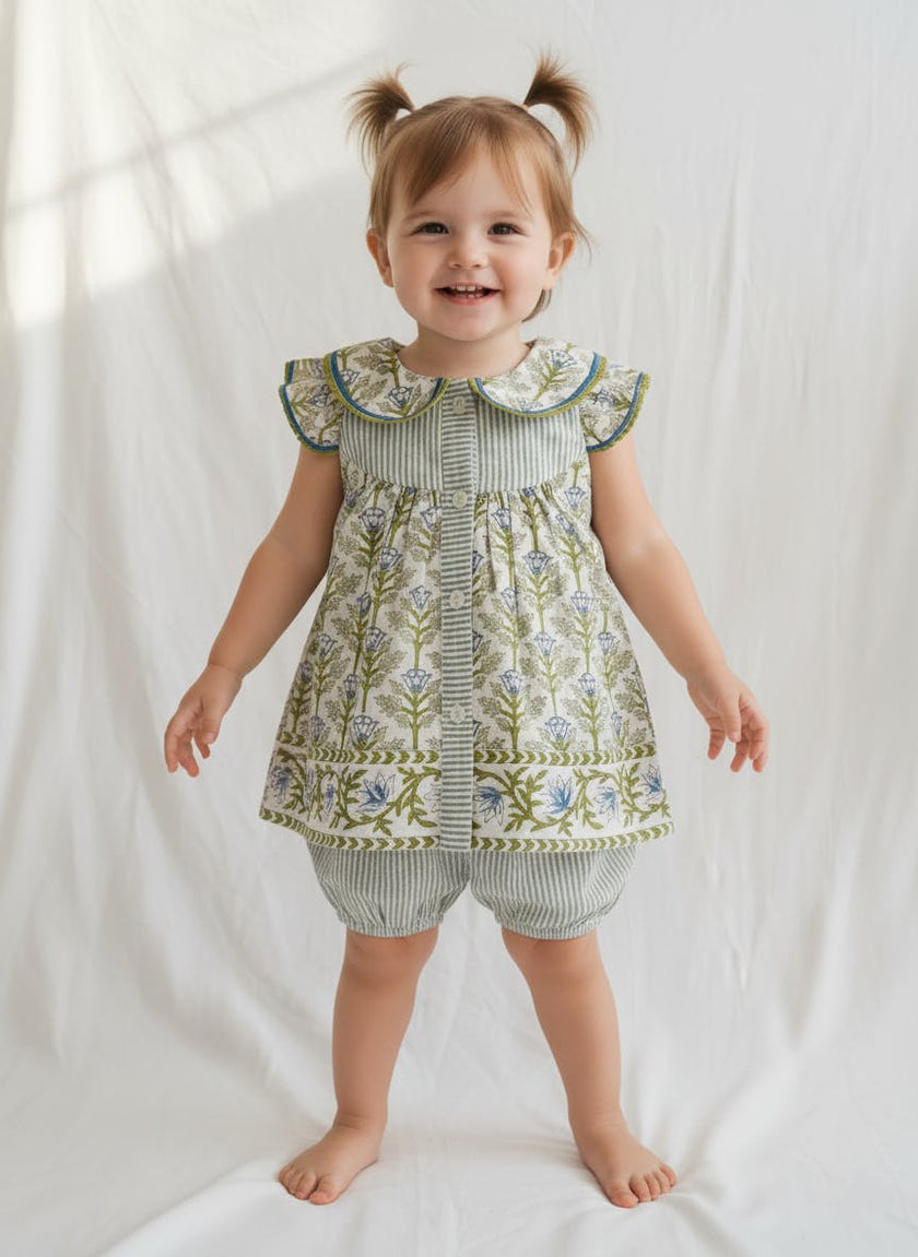 Top and Shorts Set White with Blue Floral Print — Cotton Girls Co-Ord | Infant to Tween 0-13 Years