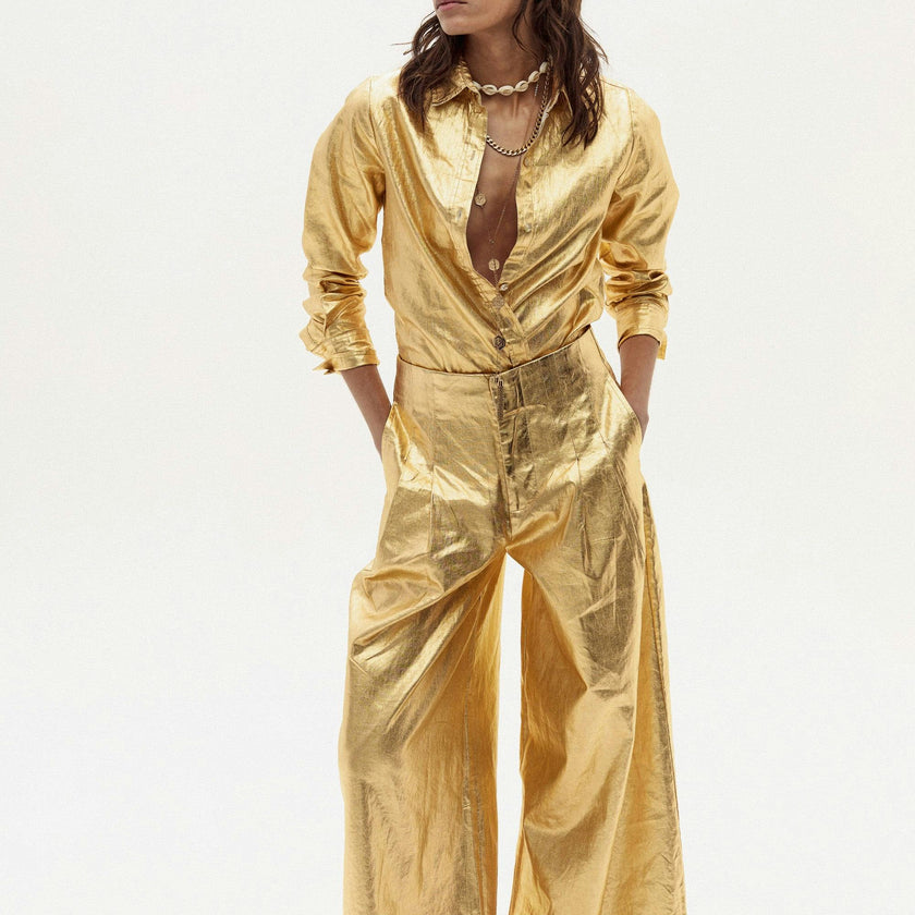 Culotte Metallic Linen Pants - Gold