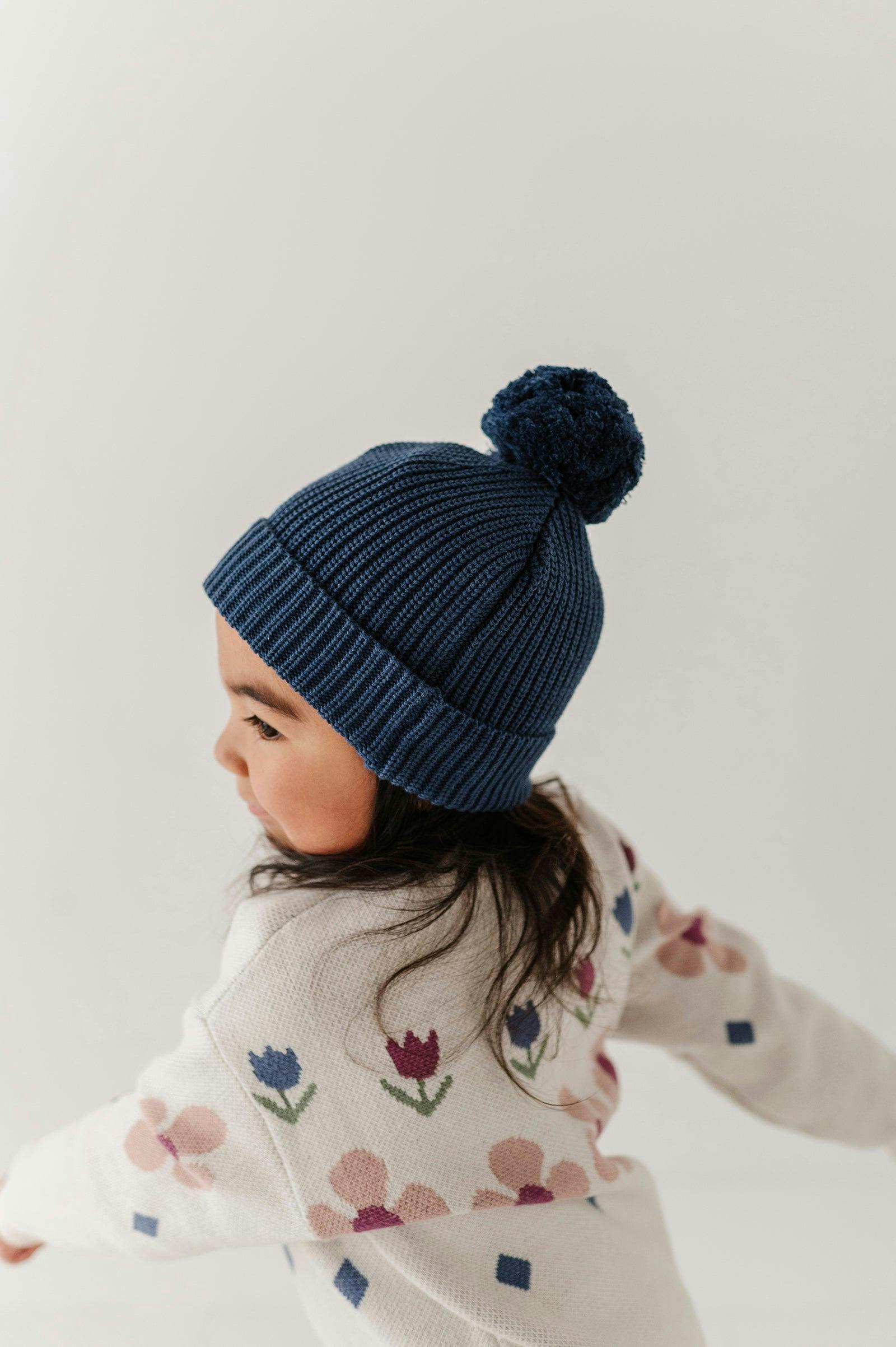 Knit Pom Hat in Navy