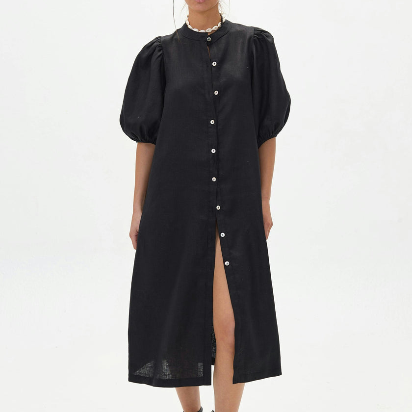 Bubble Linen Dress - Black