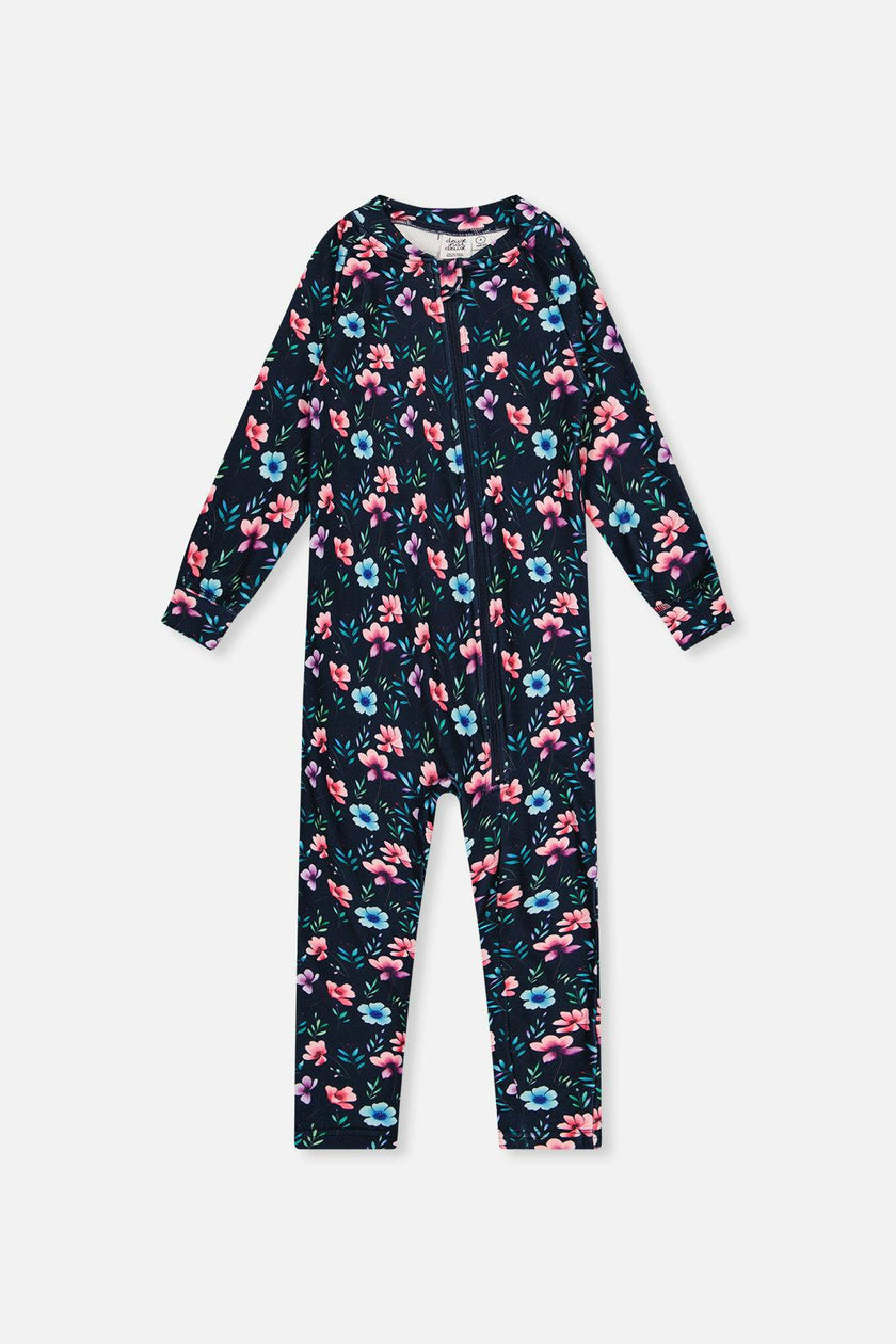 One Piece Thermal Underwear Blue Floral Print